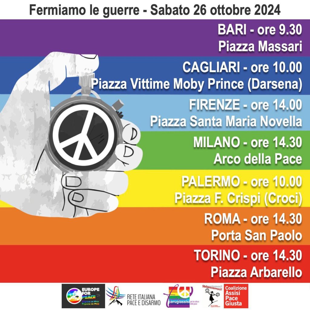 Sabato 26 ottobre manifestazioni contro la guerra a Roma, Milano, Torino, Firenze, Bari, Palermo, Cagliari. Aderisci anche tu!