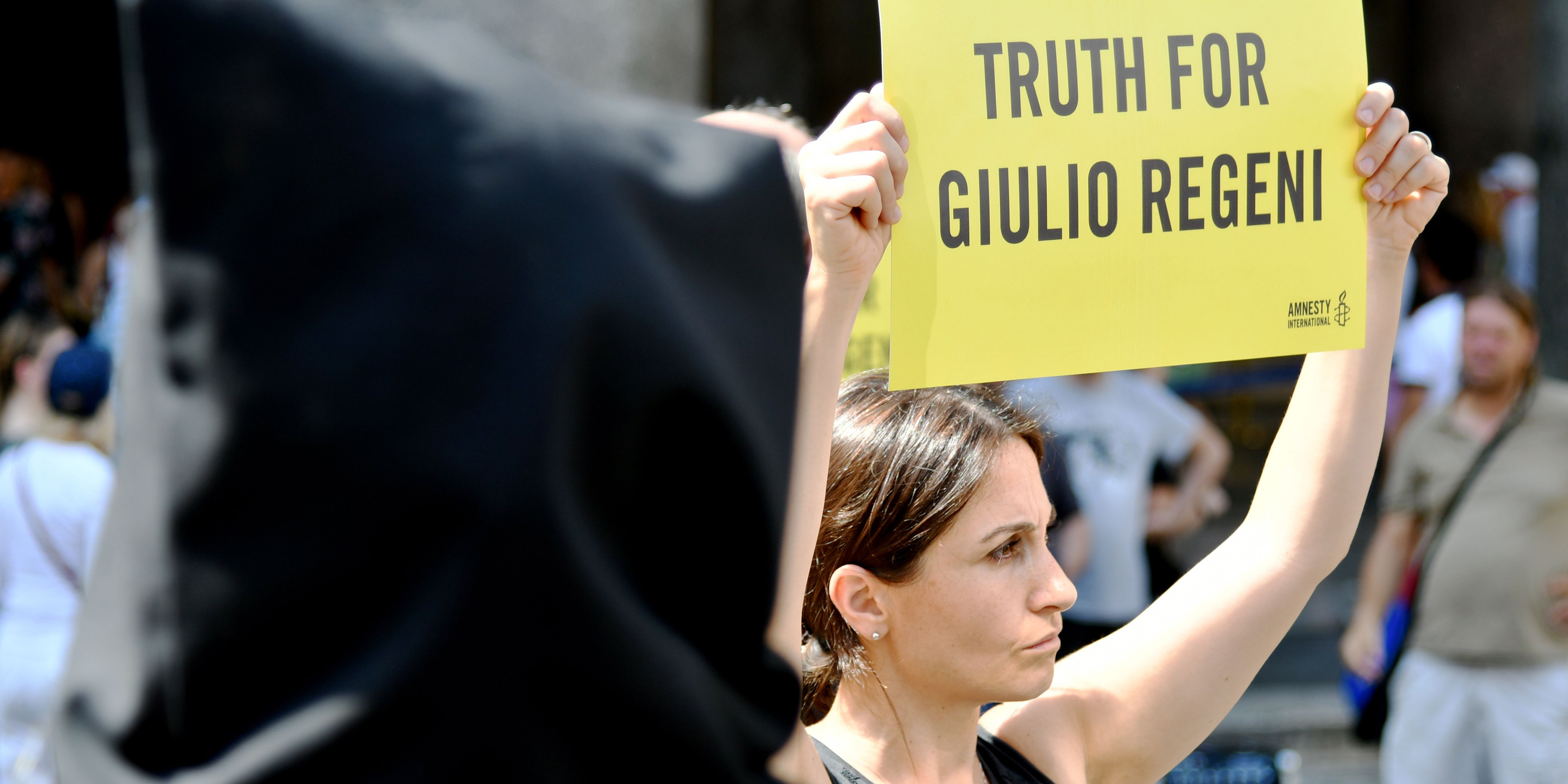 Amnesty International activists perform a flash mob on July 13, 2016, in Rome's Pantheon square to remember late Italian student Giulio Regeni and other victims following their last report.
The badly mutilated body of Regeni, a 28-year-old Cambridge University PhD student, was found out on February 4, 2016 in Cairo. Italian media and diplomats say he was killed by the security services but Egypt denies the claims.  / AFP / VINCENZO PINTO        (Photo credit should read VINCENZO PINTO/AFP/Getty Images)