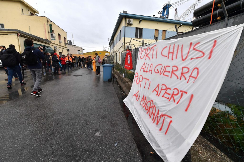 Pacifists during the protest against the Saudi cargo ship Bahri Yanbu docked in the port of Genoa on 20 May 2019.The cargo ship flying the flag of Saudi Arabia loaded with weapons Bahri Yambu is docked this morning around 6 am at the GMT terminal of the port of Genoa.
ANSA/LUCA ZENNARO